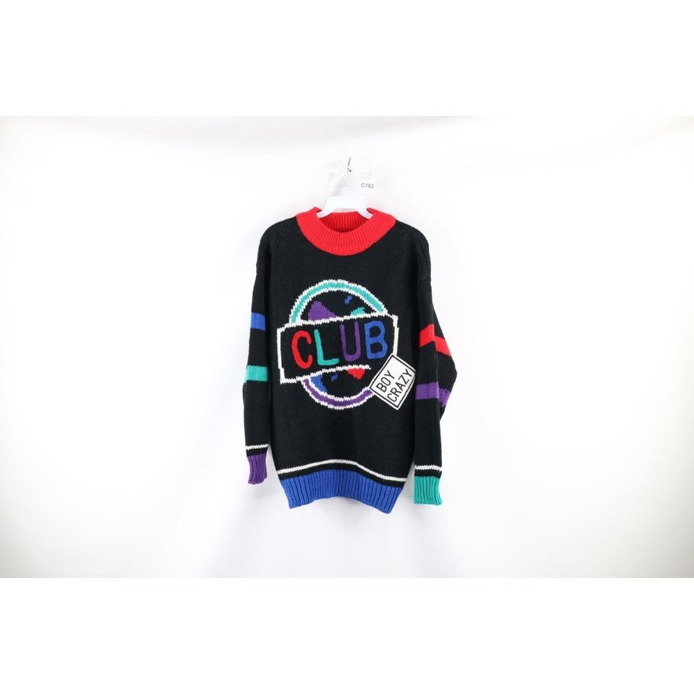 Vintage 90s Streetwear Medium Spell Out Rainbow Knit Boy Crazy Club Sweater
